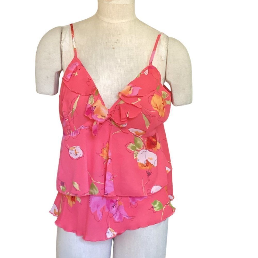VTG Petra Fashions Ruffle Floral 2-Piece PJ Lingerie Set L‎ Coral Pink 161i